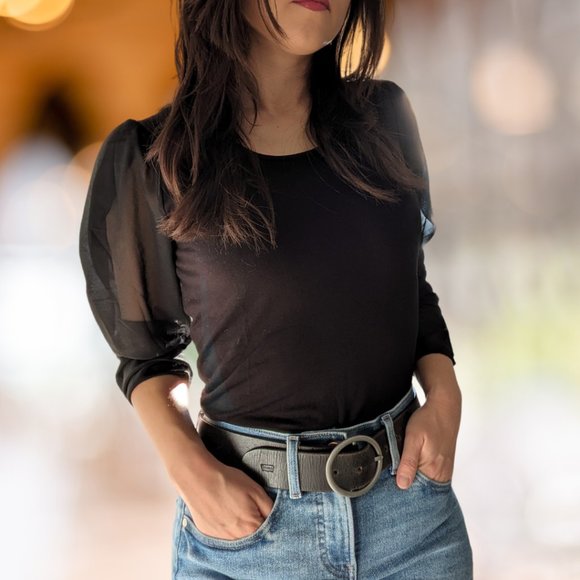 Tahari Tops - Tahari Black Sheer Sleeve Puff Shoulder Top